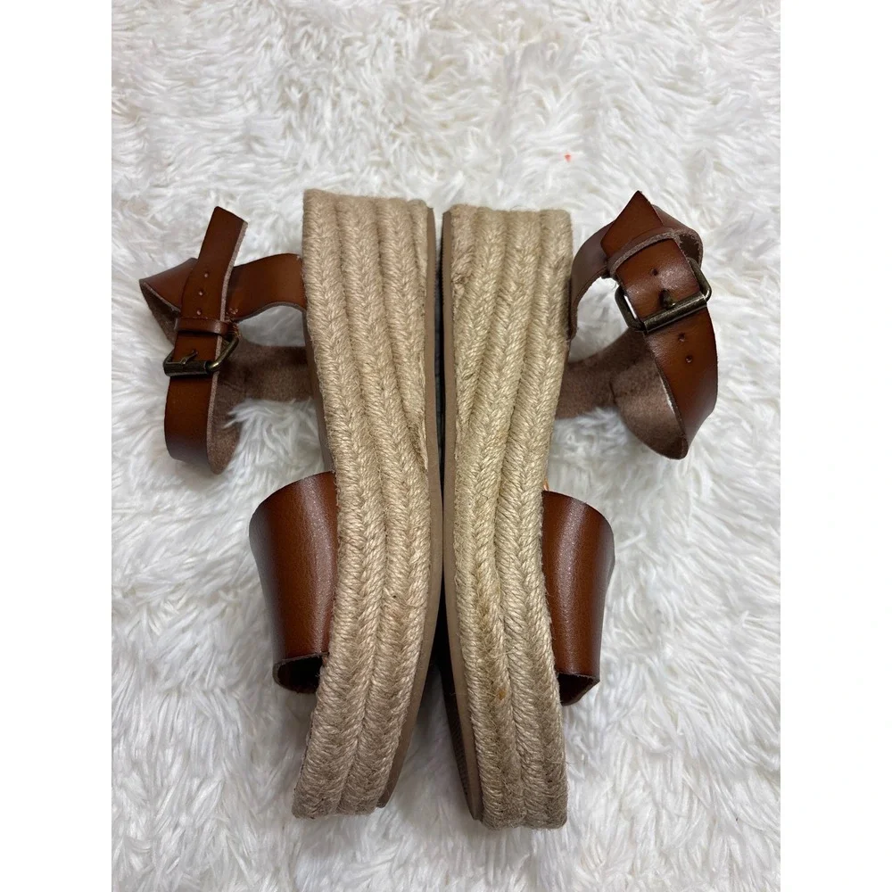 Brown Faux Leather Espadrille Platform Wedge Sandals Ankle Strap Women Size 7